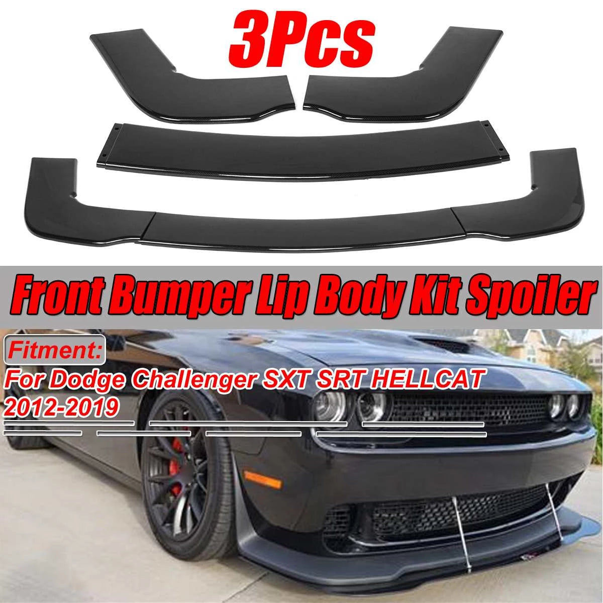 GLOSS BLACK For Dodge Challenger SRT Hellcat 2015-21 Front Bumper Lip Splitter “NO RODS”